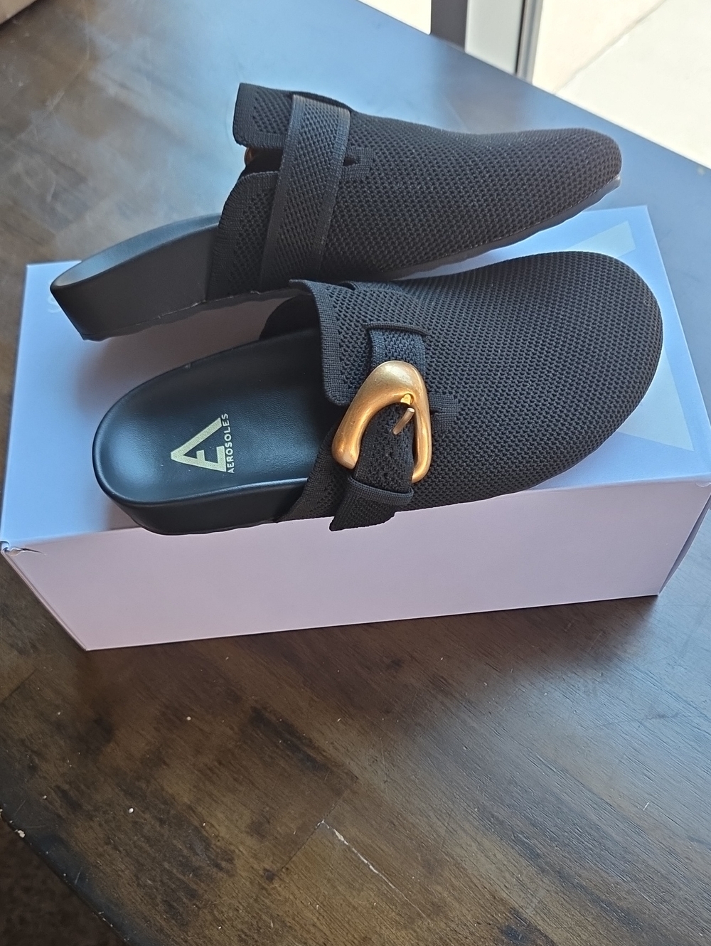AEROSOLES Size 6 Women's Black Slip-On Lucca Knit Mules with Gold Buckle NEW
